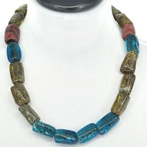 Chunky Handmade Glass Beads Necklace Multi Color Leather Cord‎ Statement Jewelry